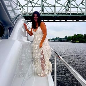 Wedding dress Maxi Dress Floral Gold and off white, open chest and back Size L